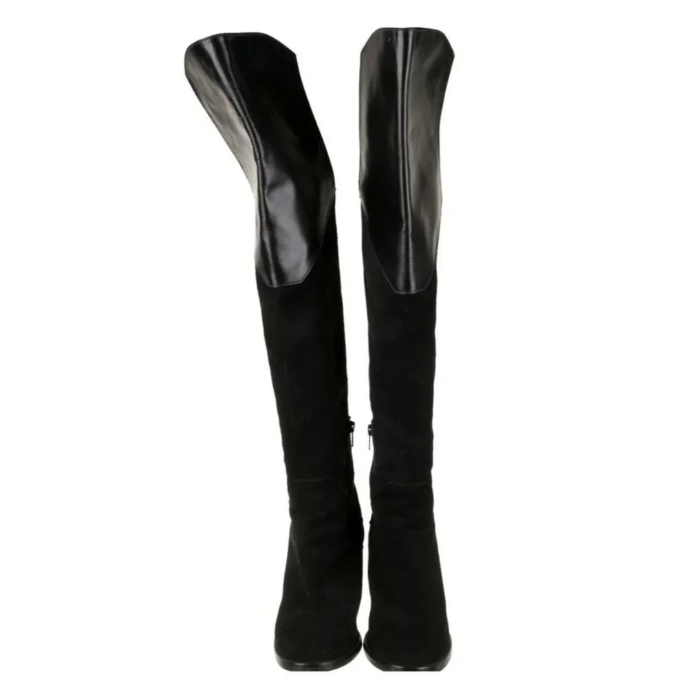 Maje Giuliana Over The Knee Heeled Boots Sz 38 Black Suede Asymmetric Thigh Tall